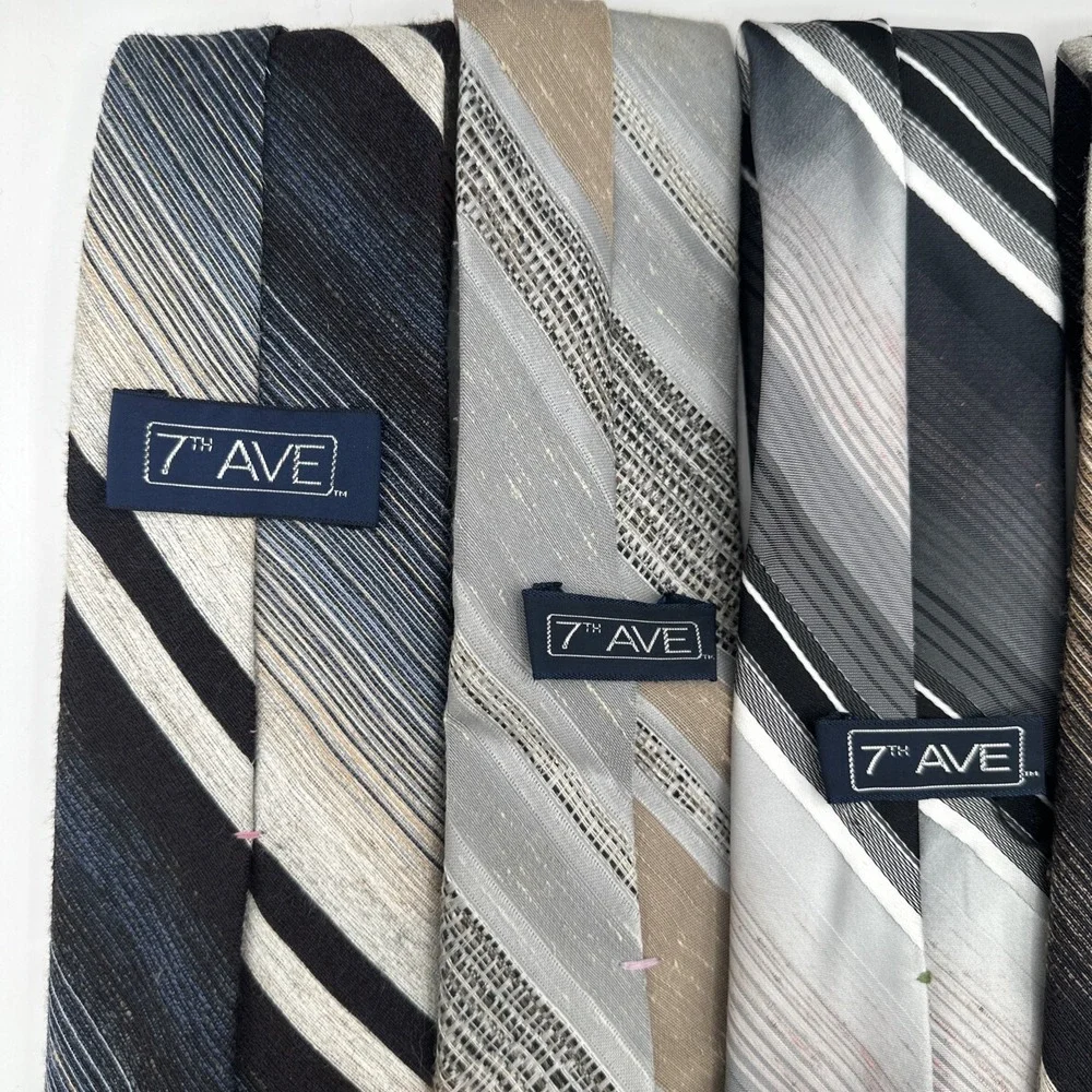 7th Ave Men's Necktie Lot of 4 Striped Brown Gray Black‎ White Dress Ties